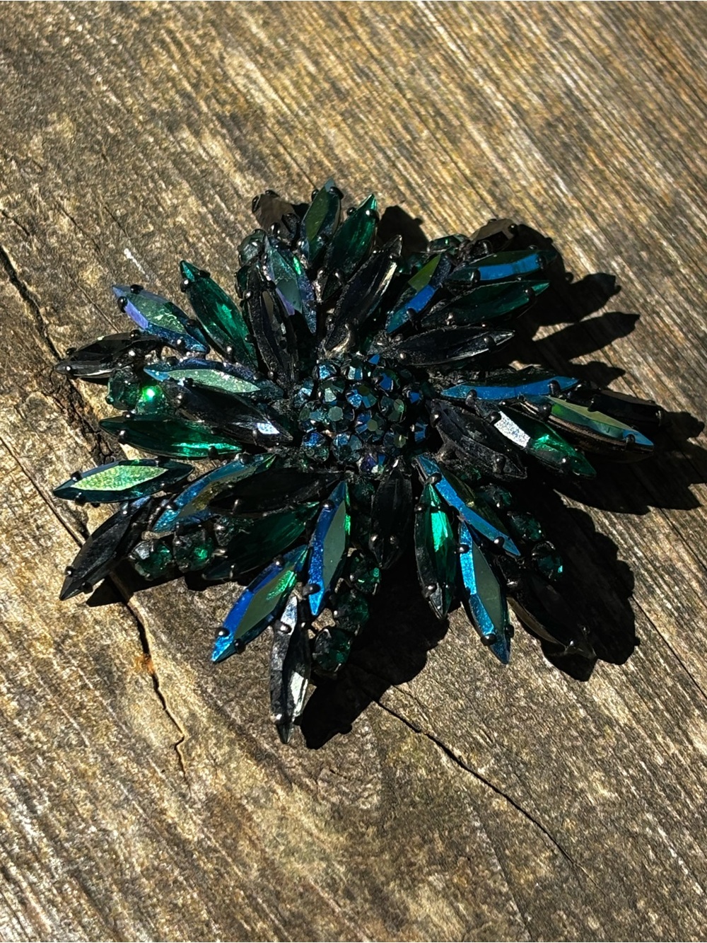 Vintage Sherman Statement Floral Brooch in Green Crystals
